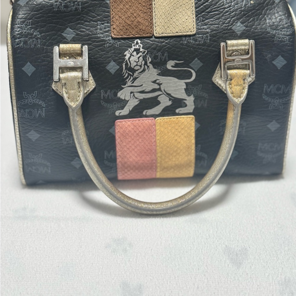 MCM Limited Edition Black Leather Top-Handle Satchel with Colorblock Accents